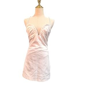 ZARA White Ruched Plunge Mini Dress M Spaghetti straps Zipper NWT